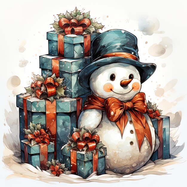 un bonhomme de neige avec un chapeau et un tas de cadeaux