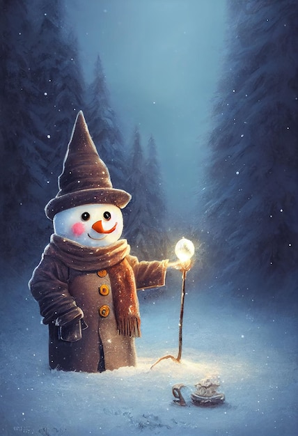 Bonhomme de neige dans un paysage de forêt d'hiver