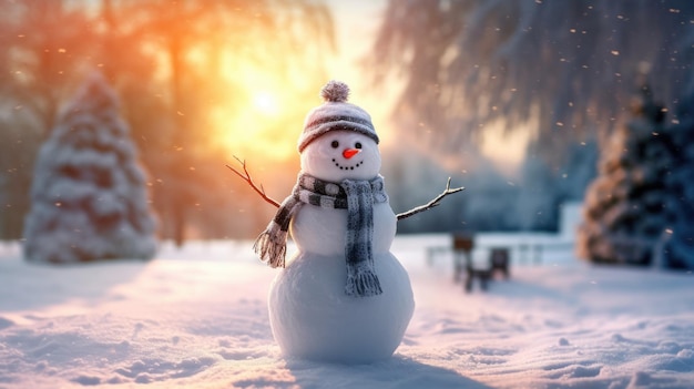 Bonhomme de neige dans les paysages d'hiver Joyeux Noël et bonne année