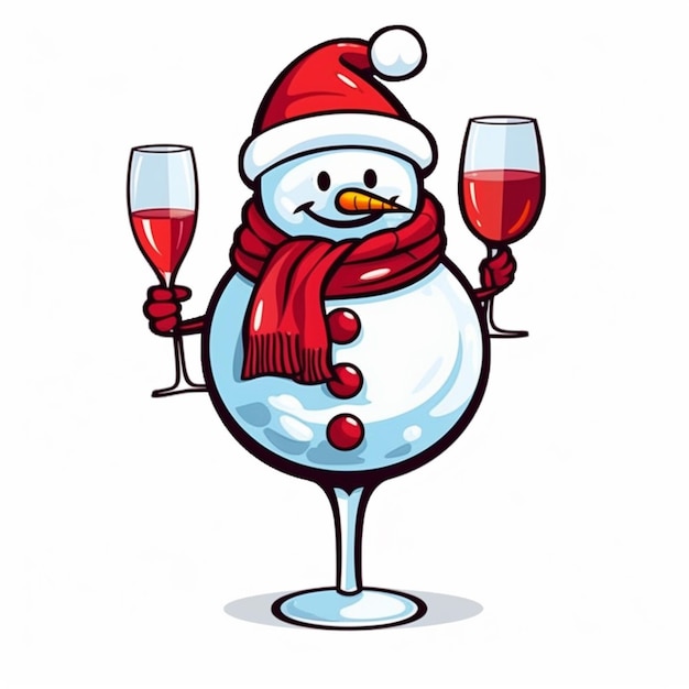 Photo un bonhomme de neige de dessin animé tenant un verre de vin et portant un foulard