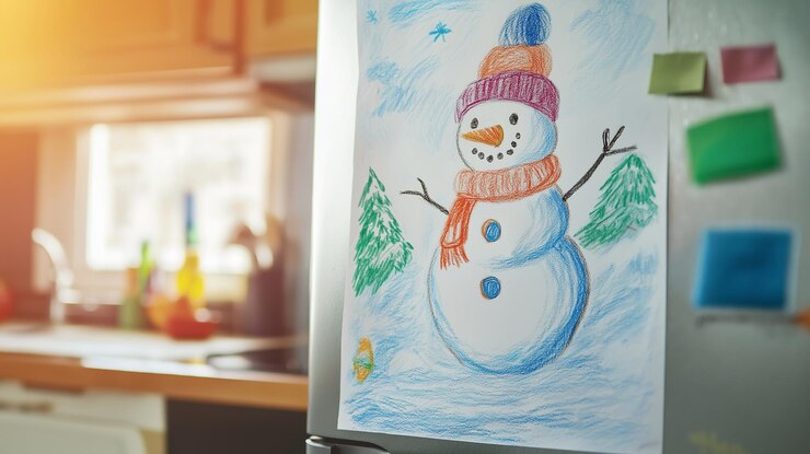 Photo un bonhomme de neige dessiné sur un réfrigérateur décoration hivernale à la maison œuvres d'art colorées créativité de l'enfant concept de décoration de la maison de l'enfance