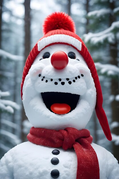 Photo un bonhomme de neige drôle avec un chapeau de père noël rouge et une écharpe dans la forêt d'hiver