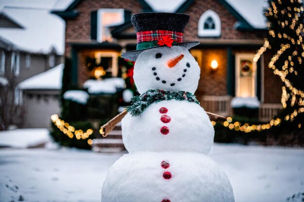 Photo un bonhomme de neige drôle décoré pour noël dans la cour traditionnelle de la célébration du nouvel an