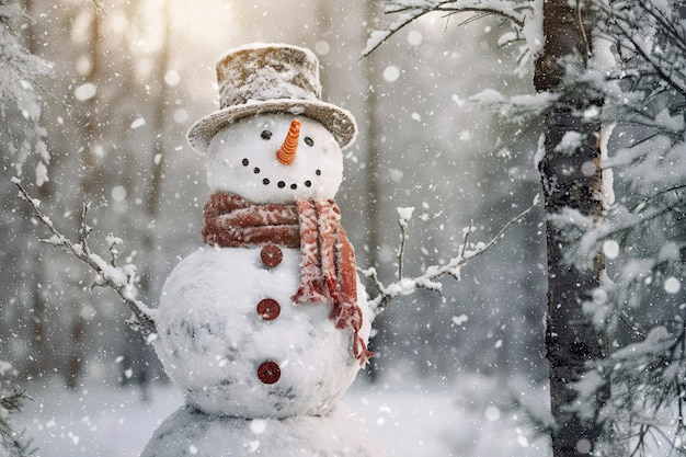 Photo un bonhomme de neige drôle et mignon avec un chapeau et une écharpe au milieu des bois.