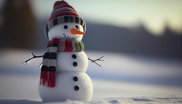 Bonhomme de neige avec une écharpe et un chapeau dans la rue Generative AI