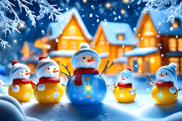Un bonhomme de neige avec des enfants célèbre l'illustration du Nouvel An de Noël