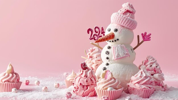 Un bonhomme de neige fait de cupcakes sur un fond rose