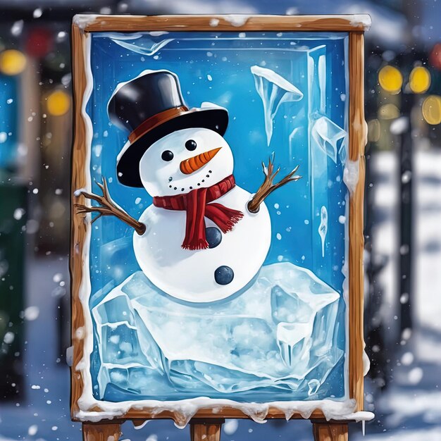 bonhomme de neige sur fond de boisbonhomme de neige heureux avec des décorations de Noël joyeux Noël et bonne nouvelle