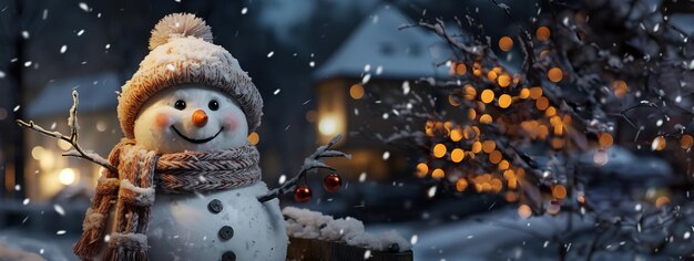 Un bonhomme de neige sur un fond flou, des lumières vives, une carte postale, une IA générative.
