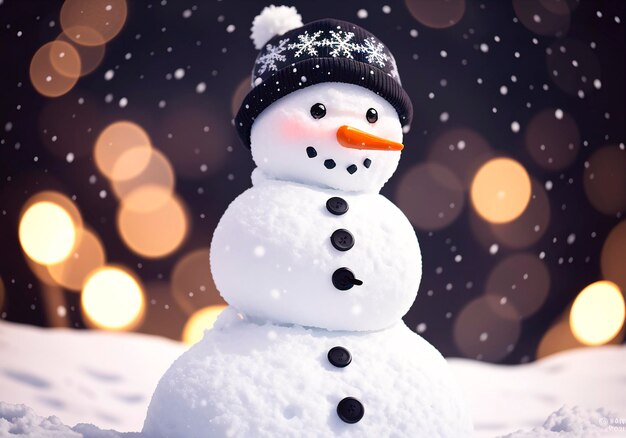 un bonhomme de neige sur le fond d'un paysage hivernal la nuit