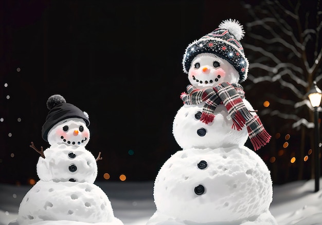 un bonhomme de neige avec un foulard et un chapeau dans un paysage hivernal