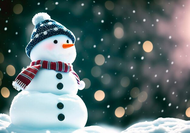 un bonhomme de neige avec un foulard et un chapeau dans un paysage hivernal