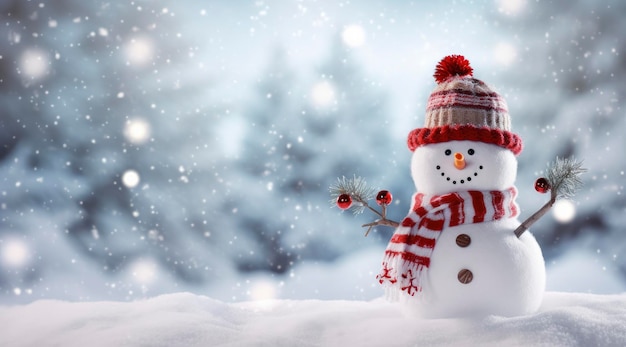 Photo un bonhomme de neige heureux dans le paysage hivernal