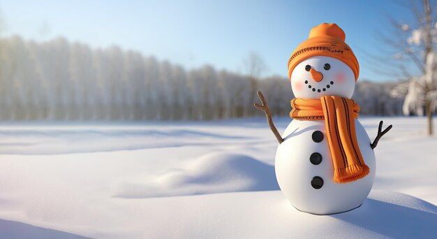 Un bonhomme de neige heureux debout avec un foulard orange et un chapeau de laine au coucher du soleil AI générative