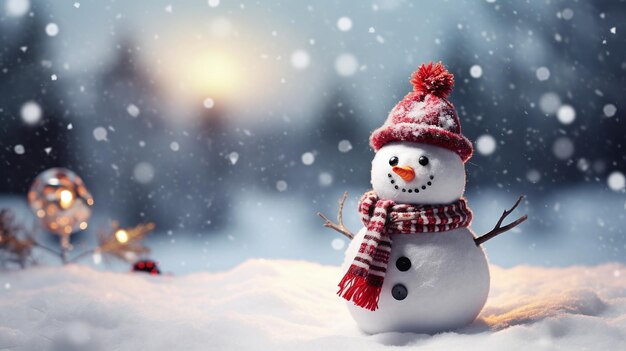 un bonhomme de neige heureux sur le fond de la neige qui tombe dans un espace de copie de chapeau rouge