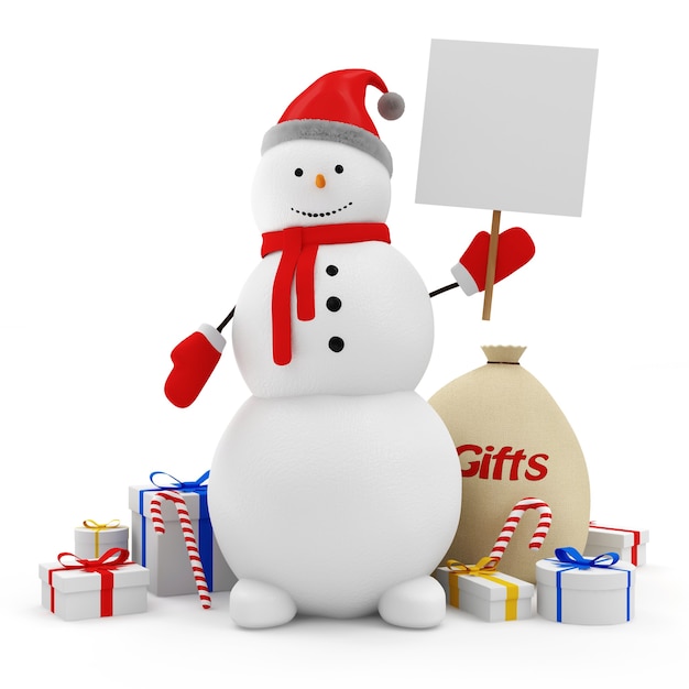 Bonhomme de neige heureux avec tableau blanc et accessoires de Noël isolé sur fond blanc