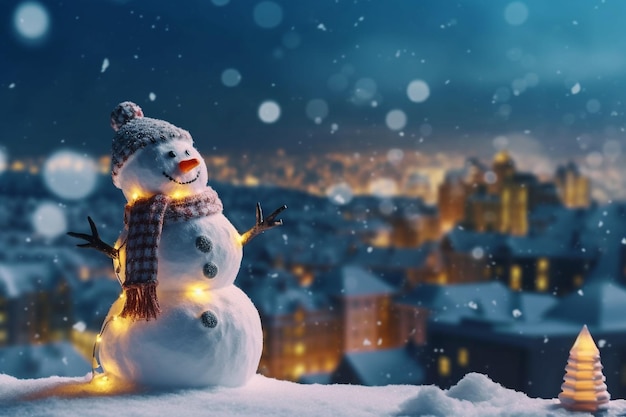 Bonhomme de neige en hiver avec fond d'horizon de paysage urbain Generative AI