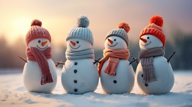 Photo le bonhomme de neige joyeux dans un foulard élégant et un chapeau de charme hivernal