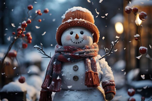 Un bonhomme de neige joyeux dans une scène hivernale avec une toile de fond urbaine enneigée rayonnant d'un esprit festif