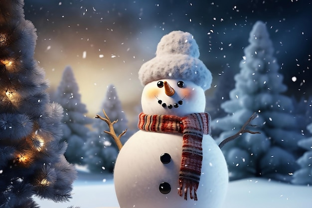 Un bonhomme de neige avec des lanternes se tient dans la neige dans la forêt