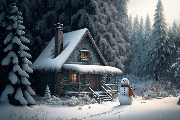 Bonhomme de neige et maison en bois