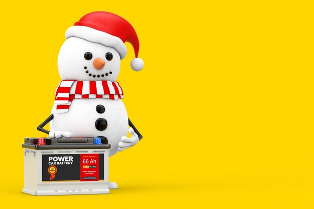 Bonhomme de neige en mascotte de personnage de chapeau de père Noël et accumulateur de batterie de voiture rechargeable 12V avec étiquette abstraite sur fond jaune. Rendu 3D