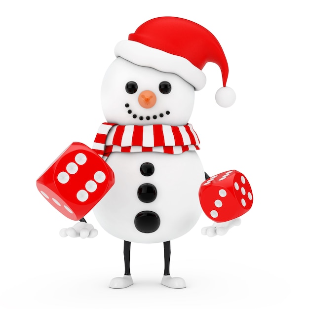 Bonhomme de neige en mascotte de personnage de chapeau de père Noël avec des cubes de dés de jeu rouges en vol sur fond blanc. Rendu 3D