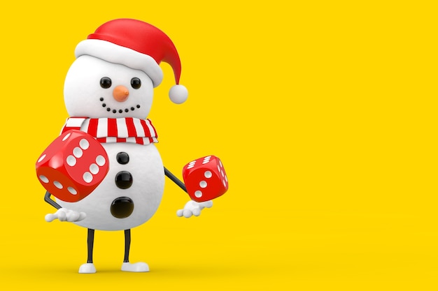 Bonhomme de neige en mascotte de personnage de chapeau de père Noël avec des cubes de dés de jeu rouges en vol sur fond jaune. Rendu 3D