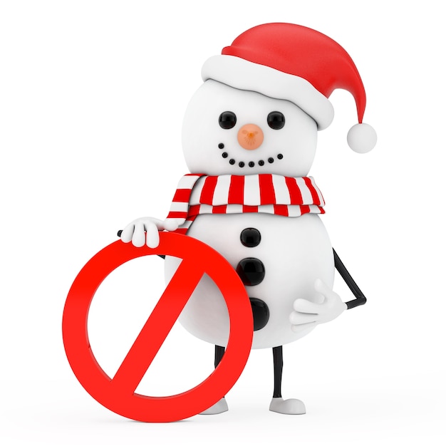 Bonhomme de neige en mascotte de personnage de chapeau de père Noël avec interdiction rouge ou signe interdit sur fond blanc. Rendu 3D