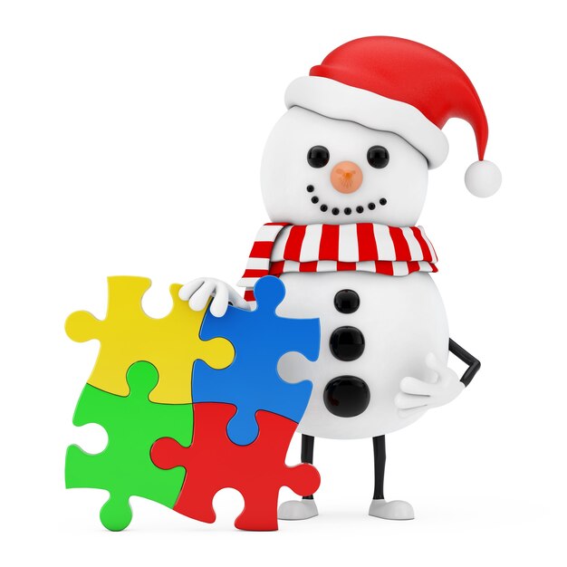 Bonhomme de neige en mascotte de personnage de chapeau de père Noël avec quatre pièces de puzzle coloré sur fond blanc. Rendu 3D