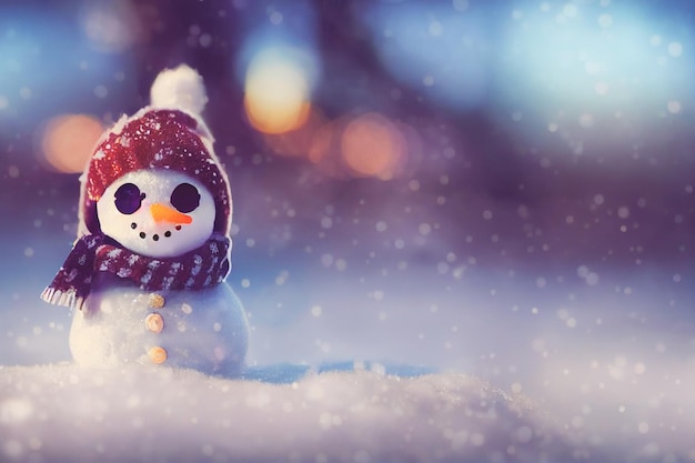 Bonhomme de neige mignon debout sur un champ enneigé en hiver Carte de voeux de Noël et bonne année