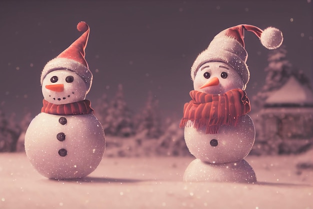 Bonhomme de neige mignon debout sur un champ enneigé en hiver Carte de voeux de Noël et bonne année