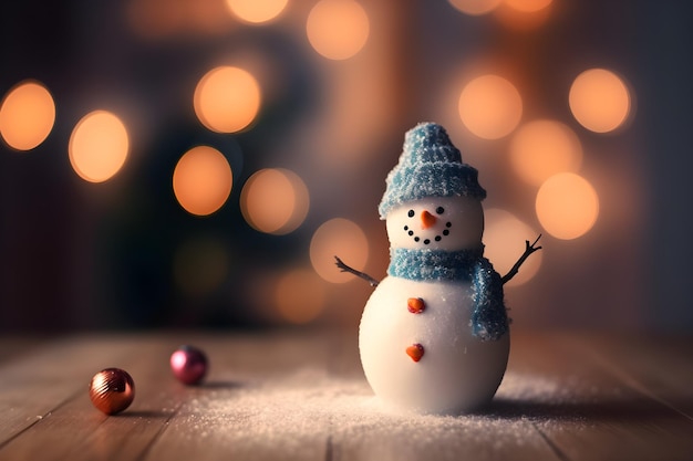 Bonhomme de neige mignon sur fond de bokeh de Noël