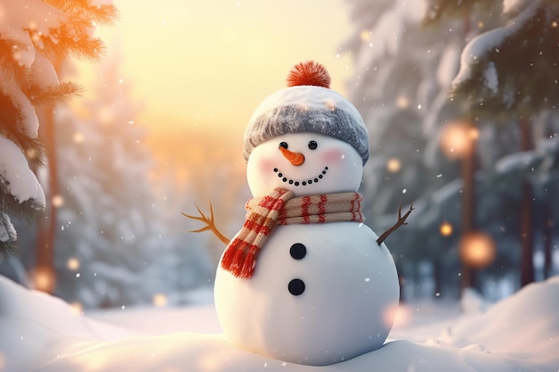 Le bonhomme de neige mignon heureux avec la neige dans la forêt enneigée coucher de soleil réaliste