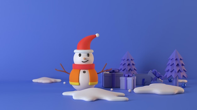 Bonhomme de neige mignon avec illustration 3d de carte-cadeau de boîte-cadeau