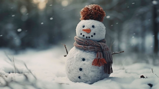 Bonhomme de neige mignon avec nez de carotte et écharpe sur la composition d'hiver générée par l'IA