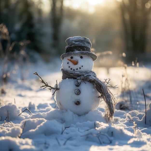 Bonhomme de neige sur la neige flou paysage enneigé Modèle de carte de vacances de saison d'hiver