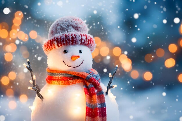 Bonhomme de neige de Noël avec chapeau et écharpe au nez de carotte, une présence charmante dans la scène festive