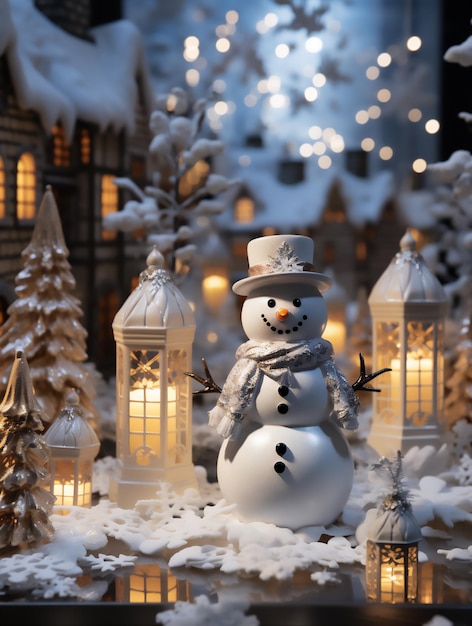 Photo le bonhomme de neige de noël sur le fond de la neige généré par l'ia