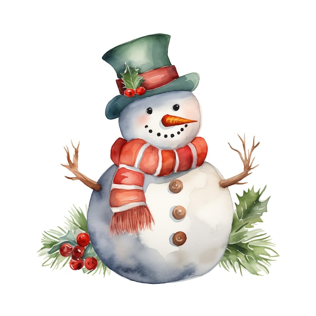 Le bonhomme de neige de Noël isolé sur fond blanc en aquarelle