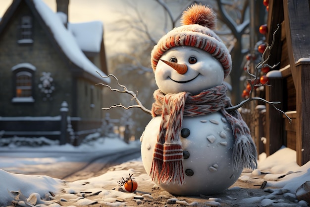 Un bonhomme de neige orné d'un foulard festif, un pays des merveilles d'hiver enneigé, généré par l'intelligence artificielle.