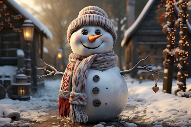 Un bonhomme de neige orné d'un foulard festif, un pays des merveilles d'hiver enneigé, généré par l'intelligence artificielle.