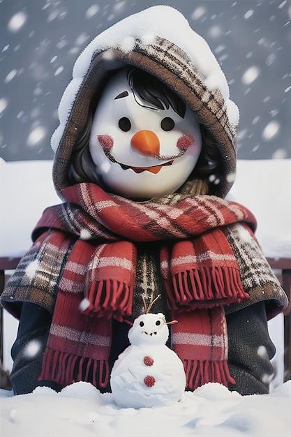 bonhomme de neige avec paysage d'hiver