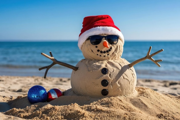 Le bonhomme de neige de plage de Noël avec des lunettes de soleil