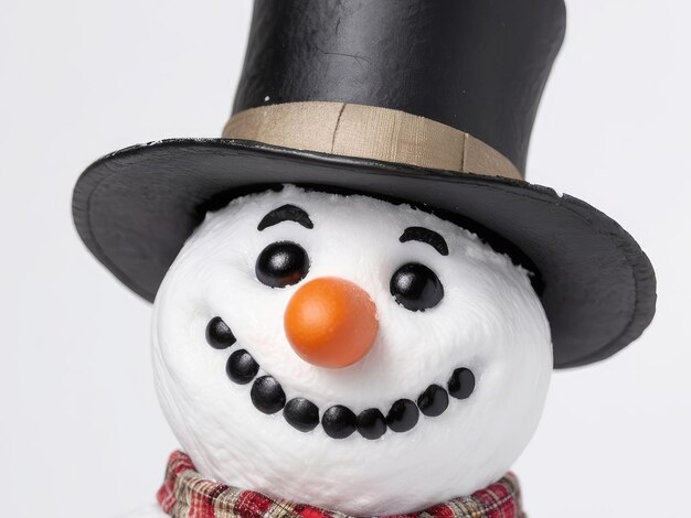 un bonhomme de neige portant un chapeau noir et un chopeau noir