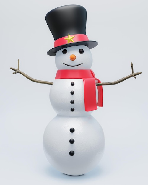 Le bonhomme de neige porte un chapeau noir à rayures rouges et un foulard rouge pour les fêtes d'hiver de Noël et de Nouvel An. Bonhomme de Neige en trois pièces avec des yeux noirs et un smiley sur un fond blanc.