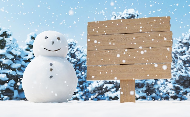Bonhomme de neige près d'une enseigne en bois vierge