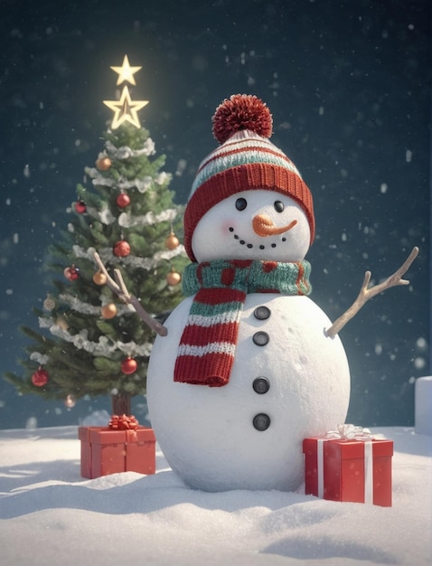 un bonhomme de neige avec un sapin de Noël et une carte de Noël