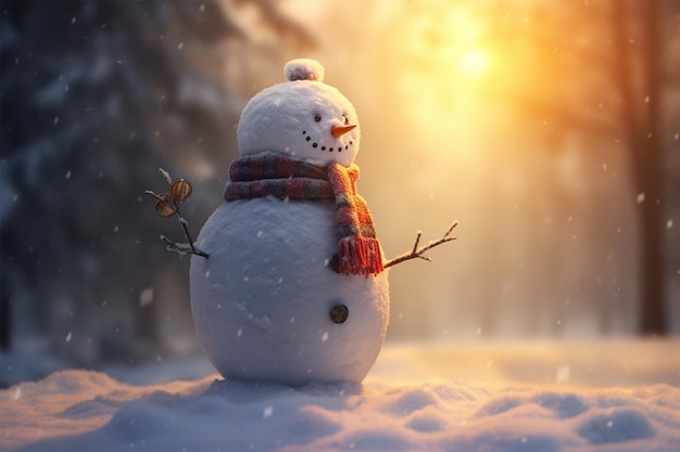 Le bonhomme de neige se tient dans la neige avec un chapeau et un foulard.