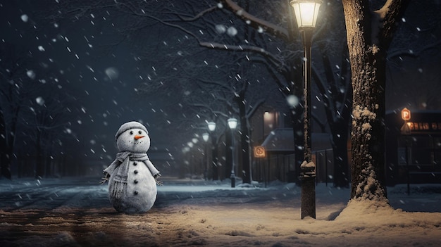 Bonhomme de neige se tient près du réverbère dans la rue dans la nuit noire d'hiver